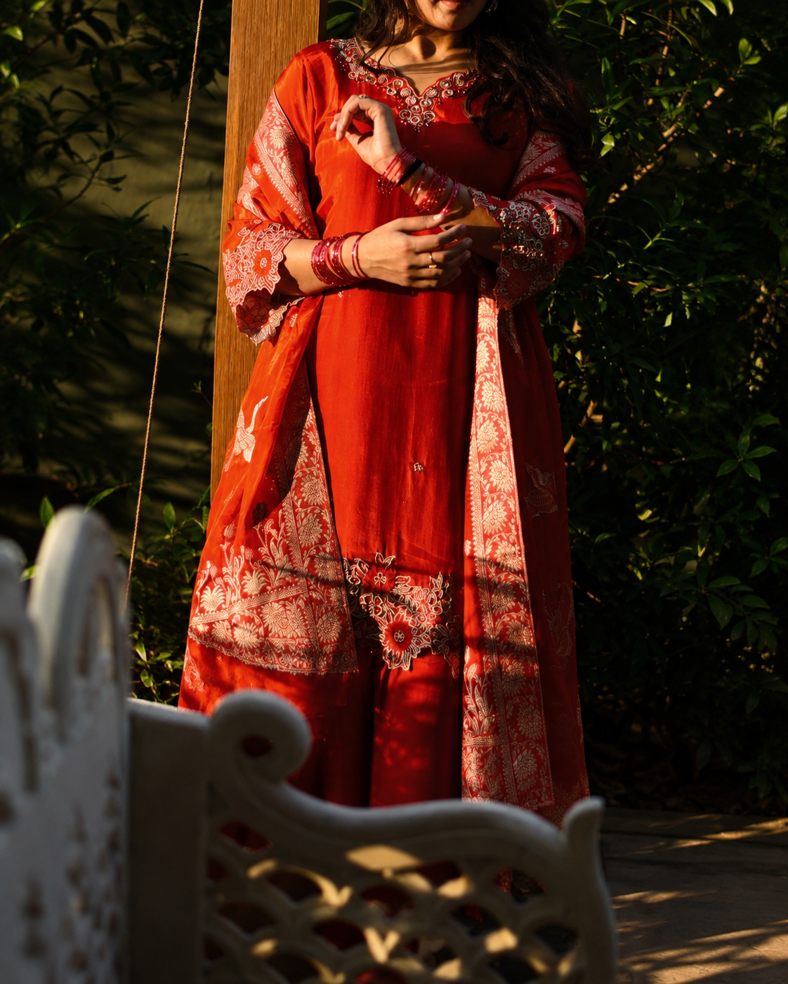 Vermilion Red Silk Embroidered Suit Set