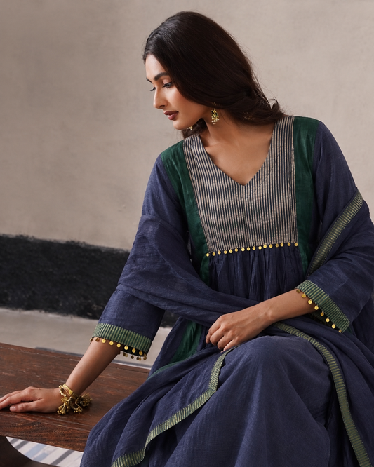 Navy Blue and Deep Green Anarkali Kurta Set.