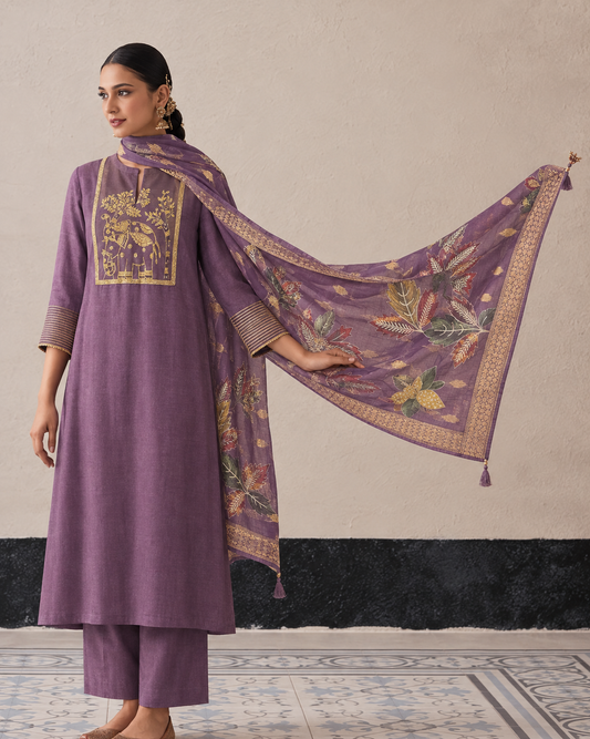 Mauve Purple Elephant Motif Kurta Set.