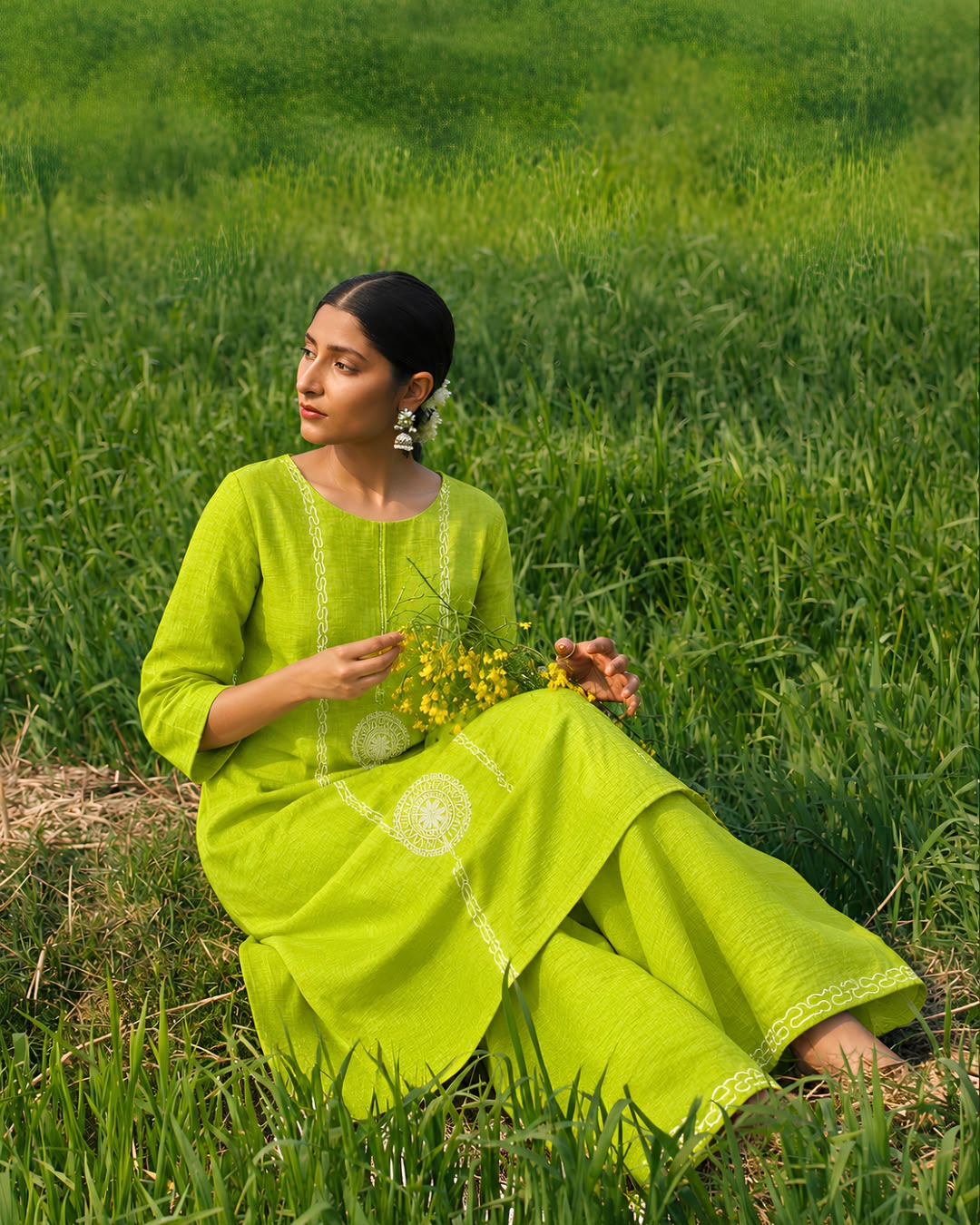 Lush Lime Embroidered Cotton-Linen Kurta & Palazzo Set