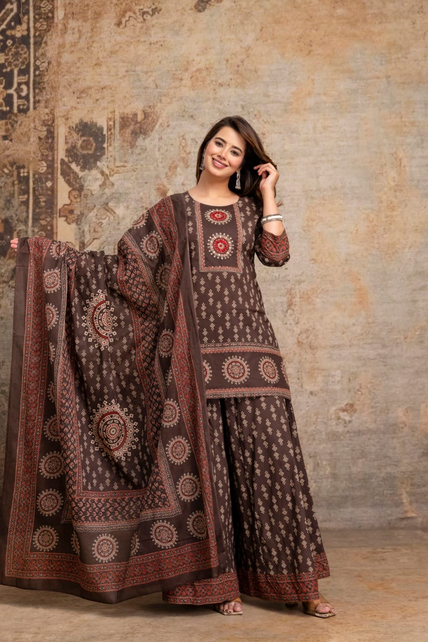 Ethnic Printed Cotton Sharara Suit Set