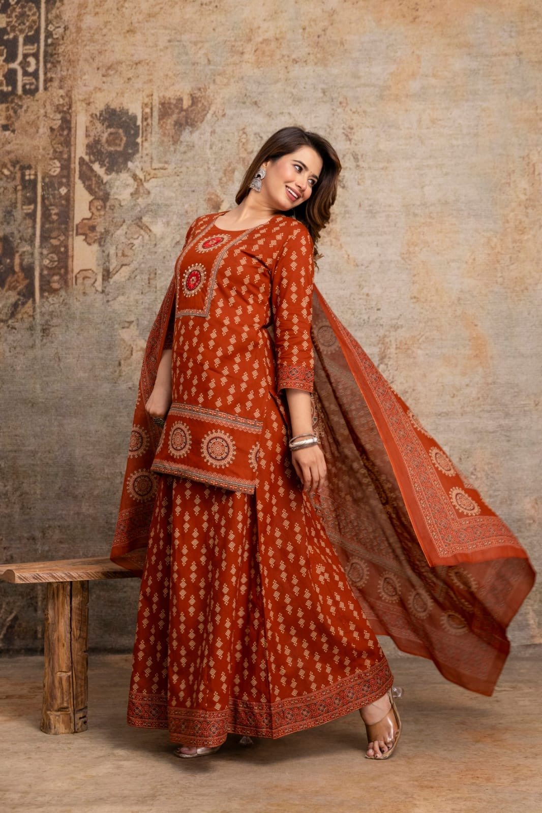 Ethnic Printed Cotton Sharara Suit Set