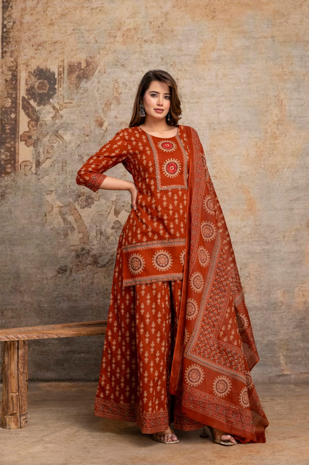 Ethnic Printed Cotton Sharara Suit Set