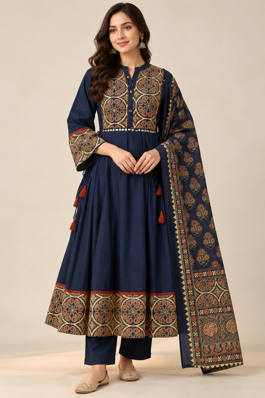 Royal Blue Printed Anarkali Suit Set