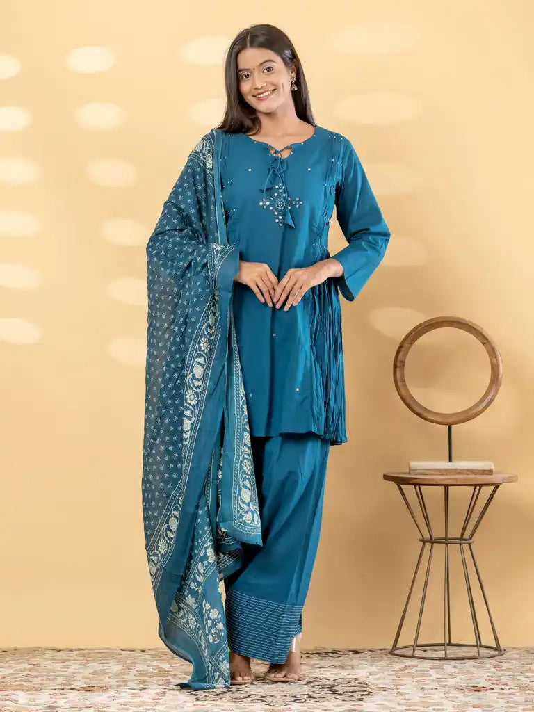 Teal Blue Mirror-Work Farsi Salwar Set