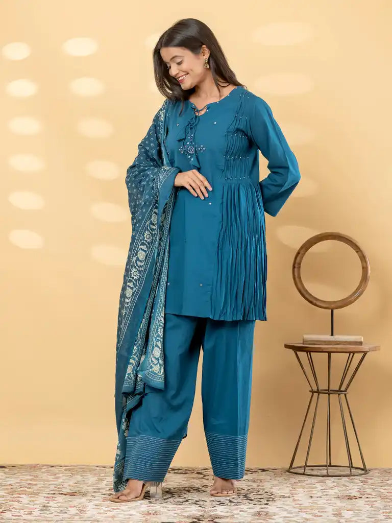 Teal Blue Mirror-Work Farsi Salwar Set