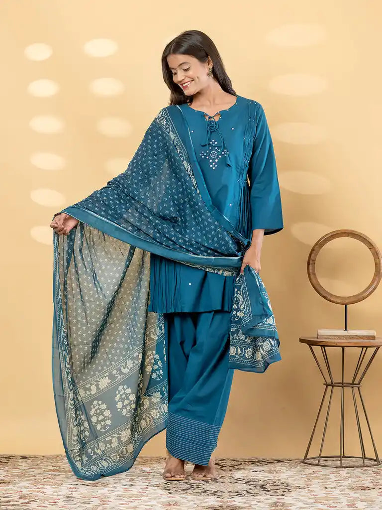 Teal Blue Mirror-Work Farsi Salwar Set