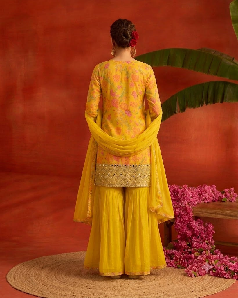 Yellow Floral Embroidered Sharara Suit Set