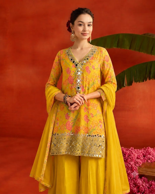 Yellow Floral Embroidered Sharara Suit Set