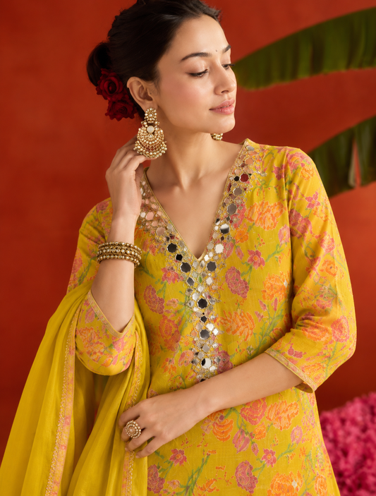 Yellow Floral Embroidered Sharara Suit Set