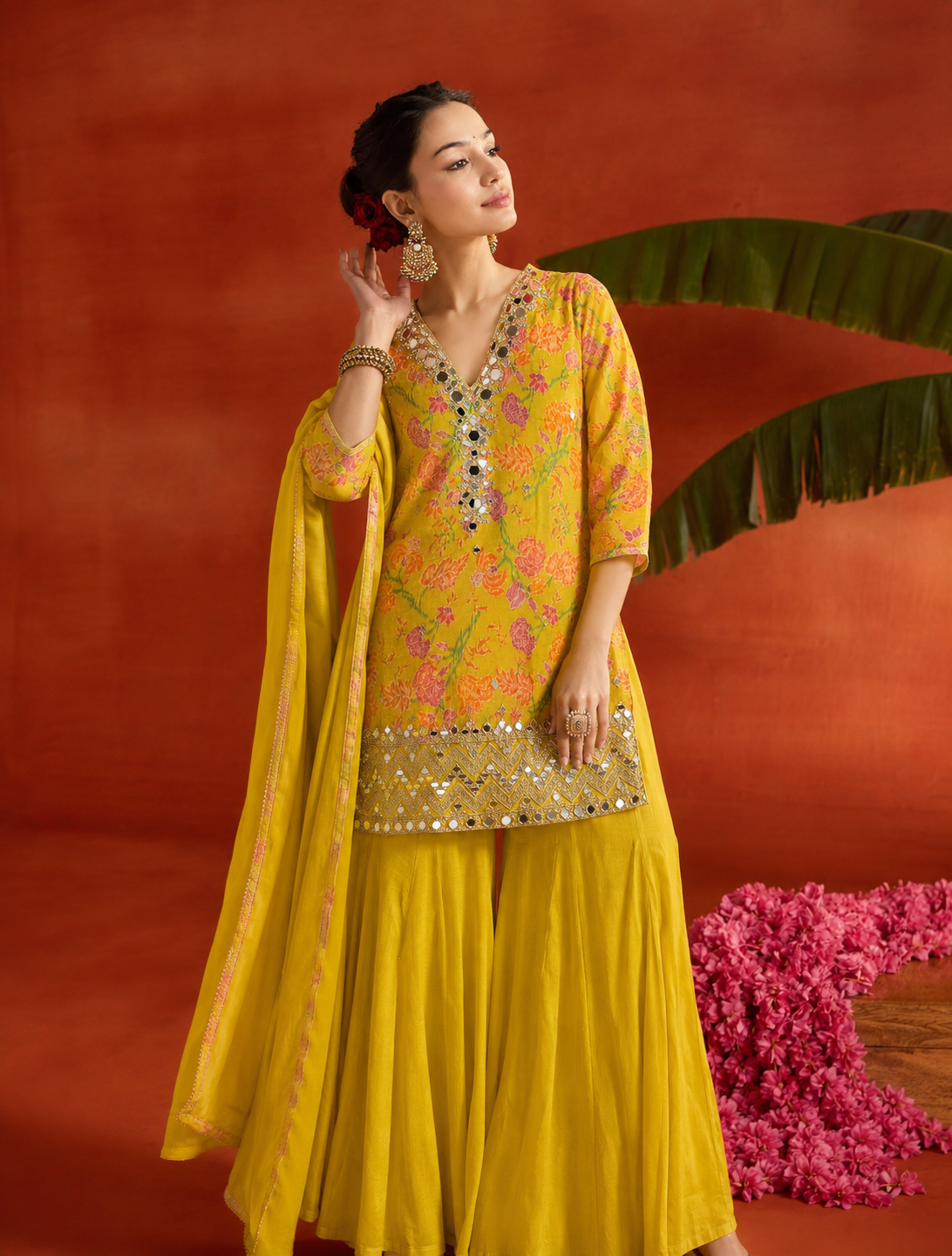 Yellow Floral Embroidered Sharara Suit Set