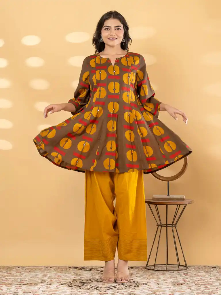 Brown & Ochre Geometric Printed Farsi Suit Set