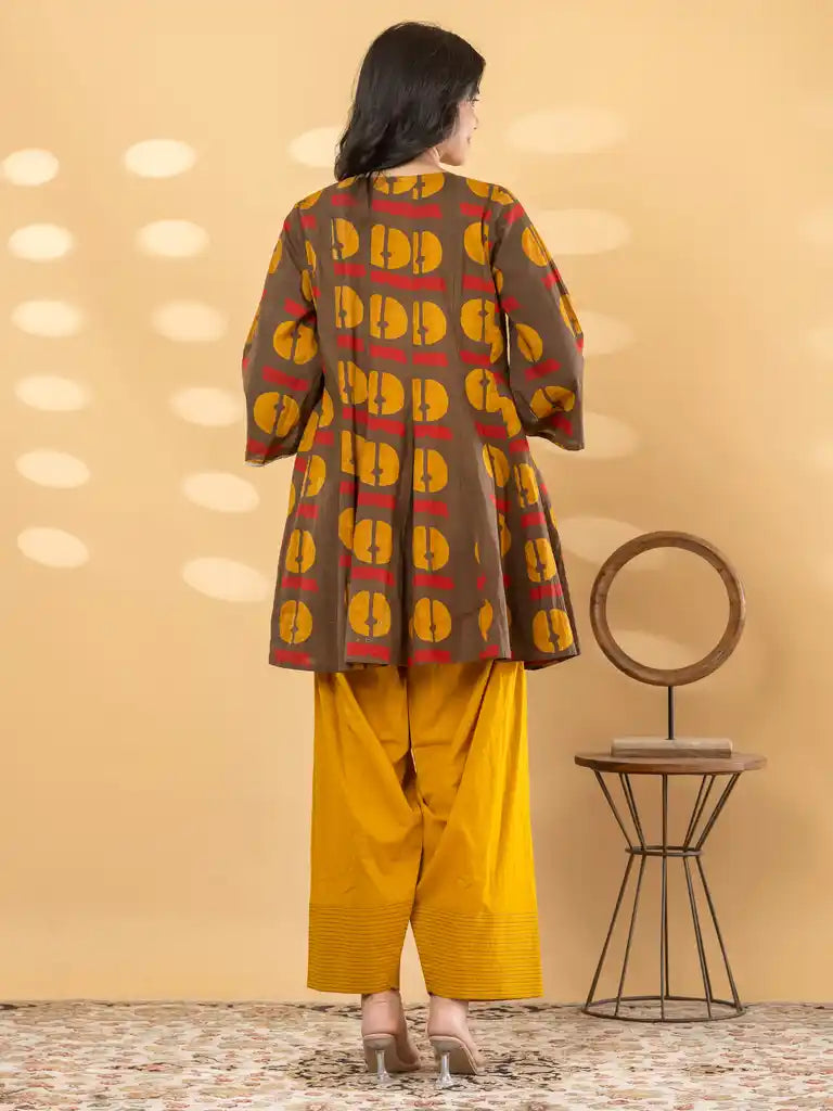 Brown & Ochre Geometric Printed Farsi Suit Set