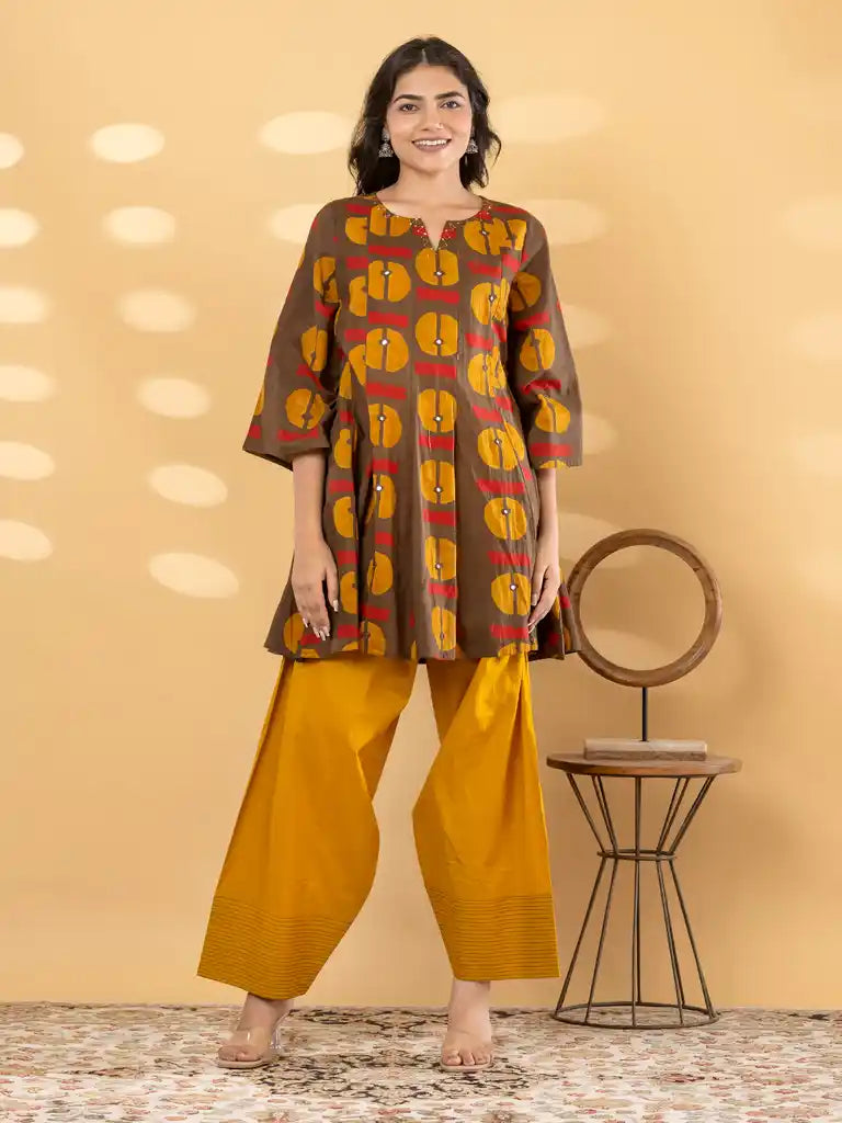 Brown & Ochre Geometric Printed Farsi Suit Set