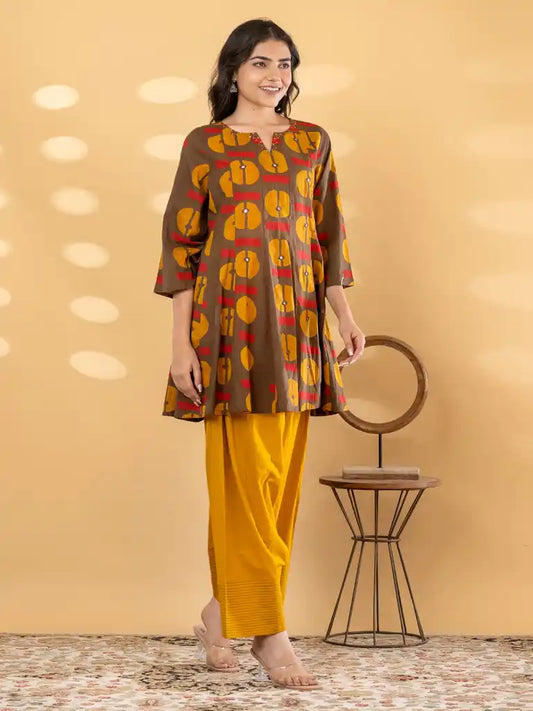 Brown & Ochre Geometric Printed Farsi Suit Set