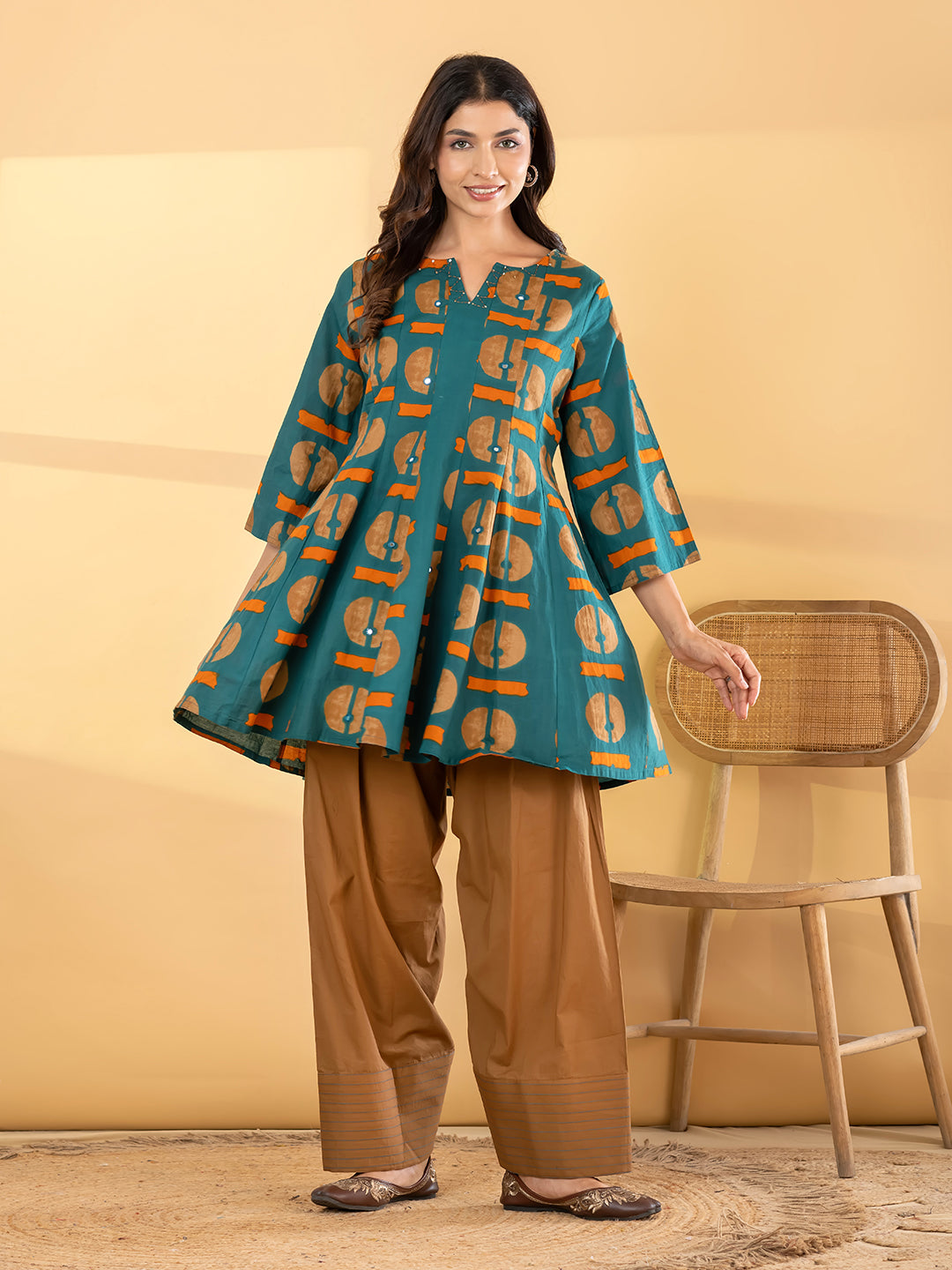 Teal & Ochre Geometric Printed Farsi Suit Set
