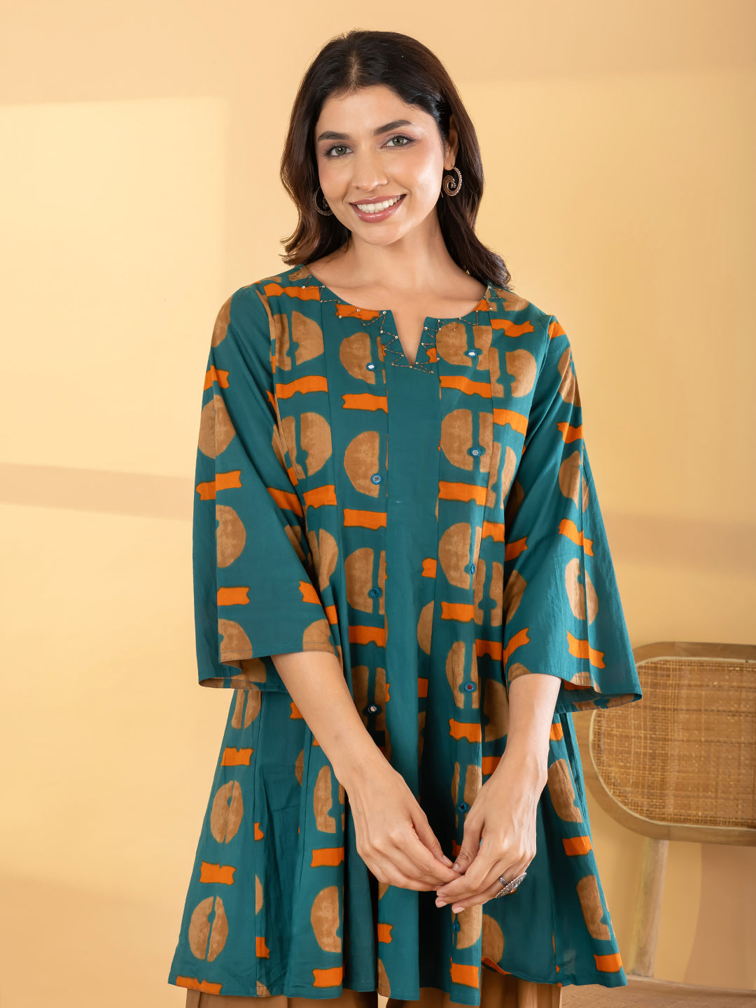 Teal & Ochre Geometric Printed Farsi Suit Set