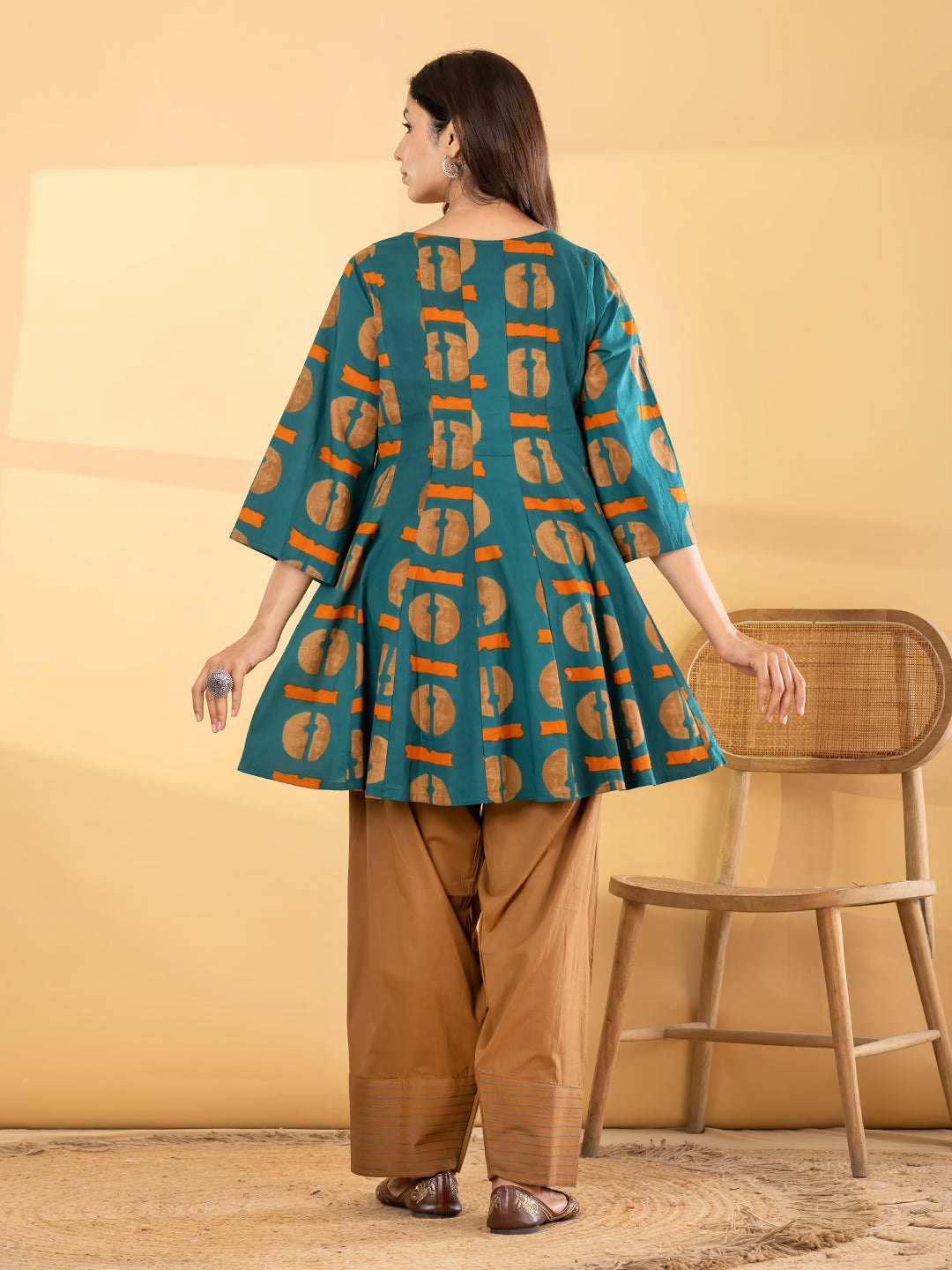 Teal & Ochre Geometric Printed Farsi Suit Set