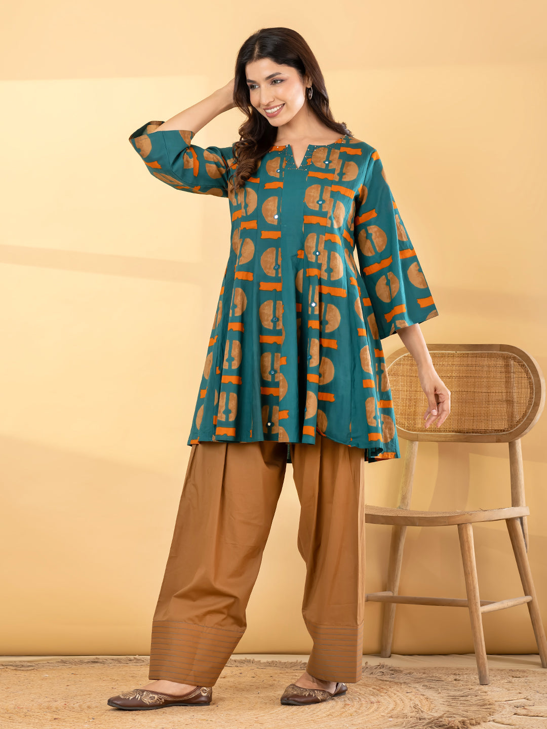 Teal & Ochre Geometric Printed Farsi Suit Set