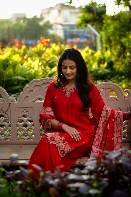 Vermilion Red Silk Embroidered Suit Set
