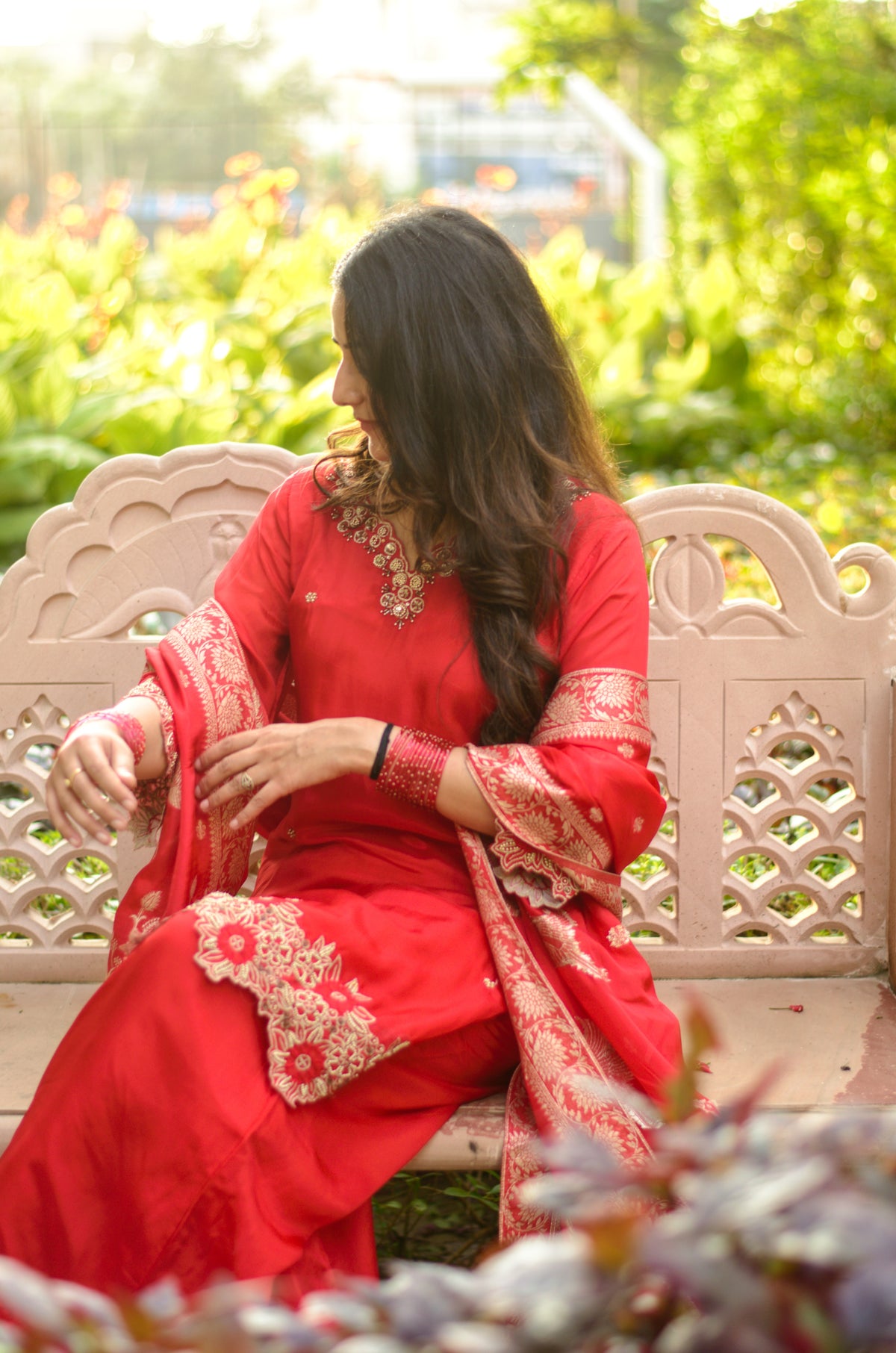 Vermilion Red Silk Embroidered Suit Set