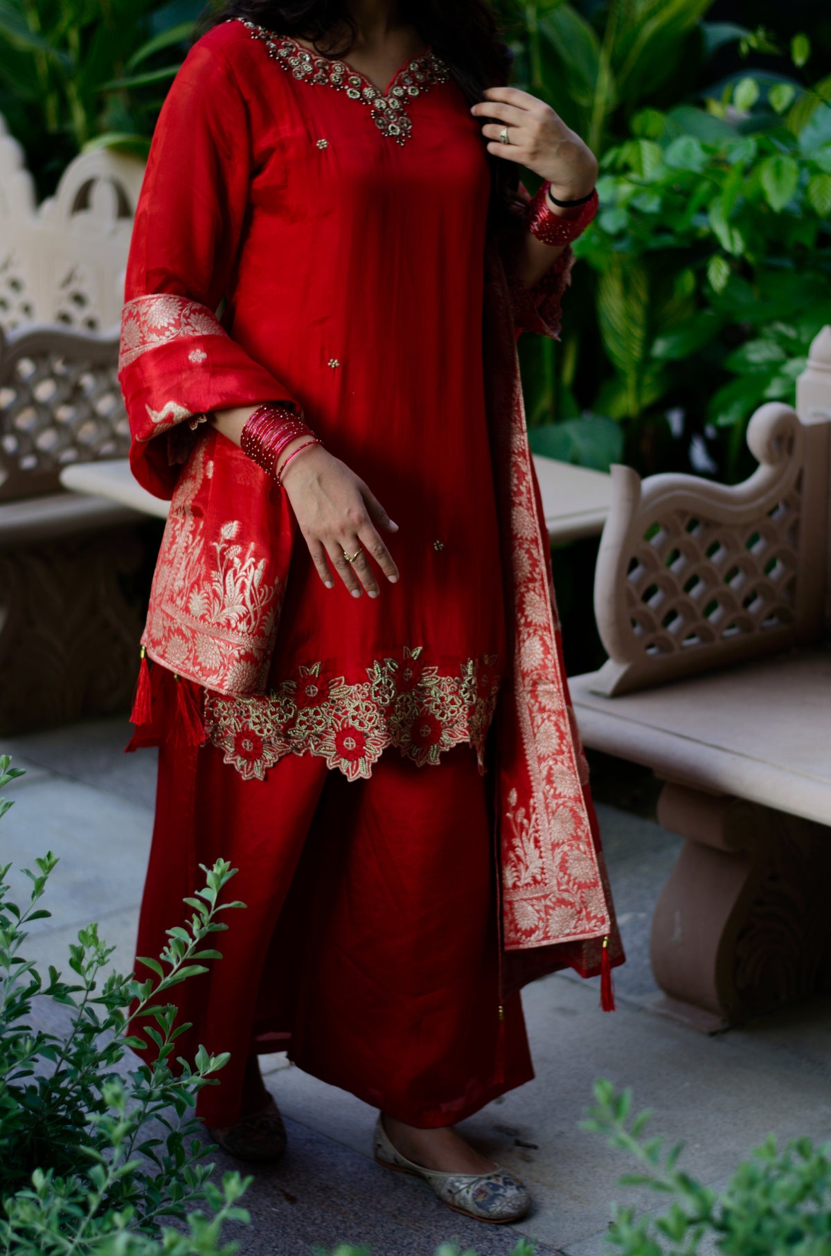Vermilion Red Silk Embroidered Suit Set