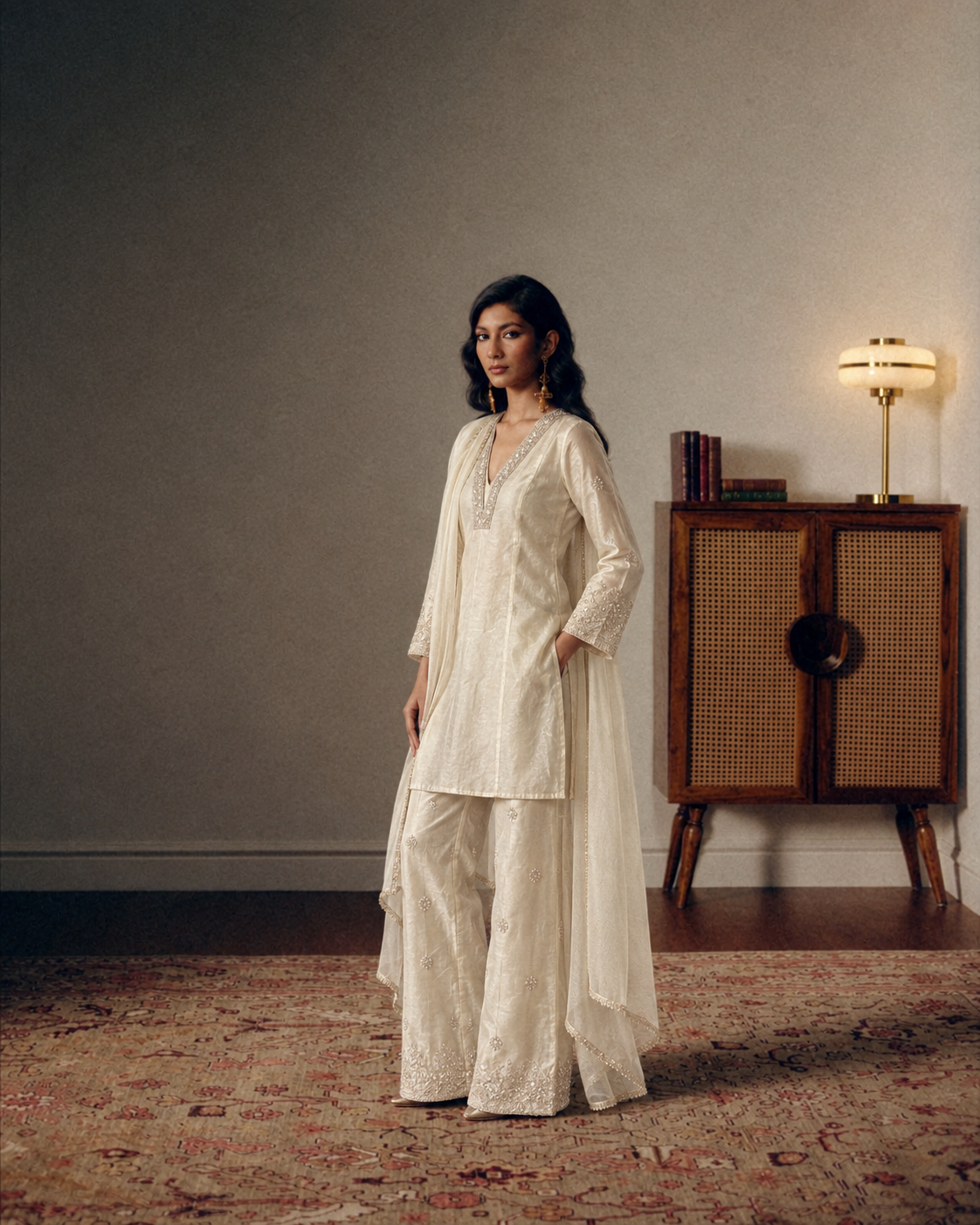 Ivory Luminary Embroidered Chanderi Kurta & Palazzo Set
