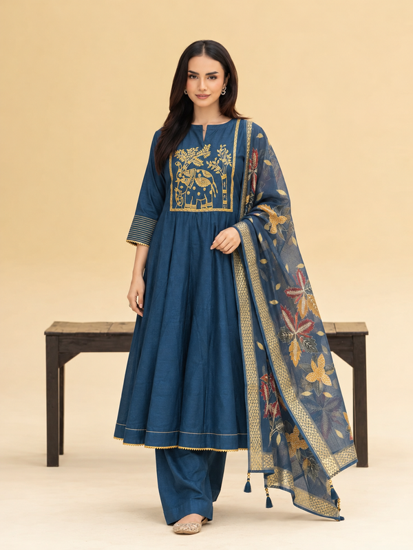 Royal Indigo Elephant Motif Anarkali Suit Set