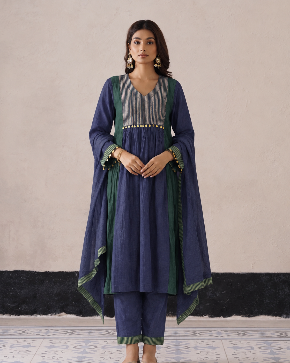 Navy Blue and Deep Green Anarkali Kurta Set.