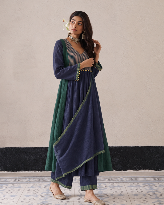 Navy Blue and Deep Green Anarkali Kurta Set.