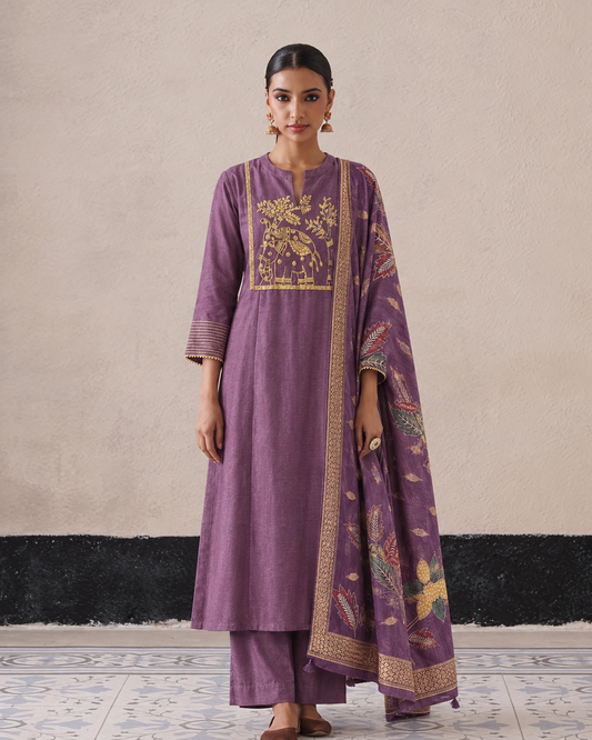 Mauve Purple Elephant Motif Kurta Set.