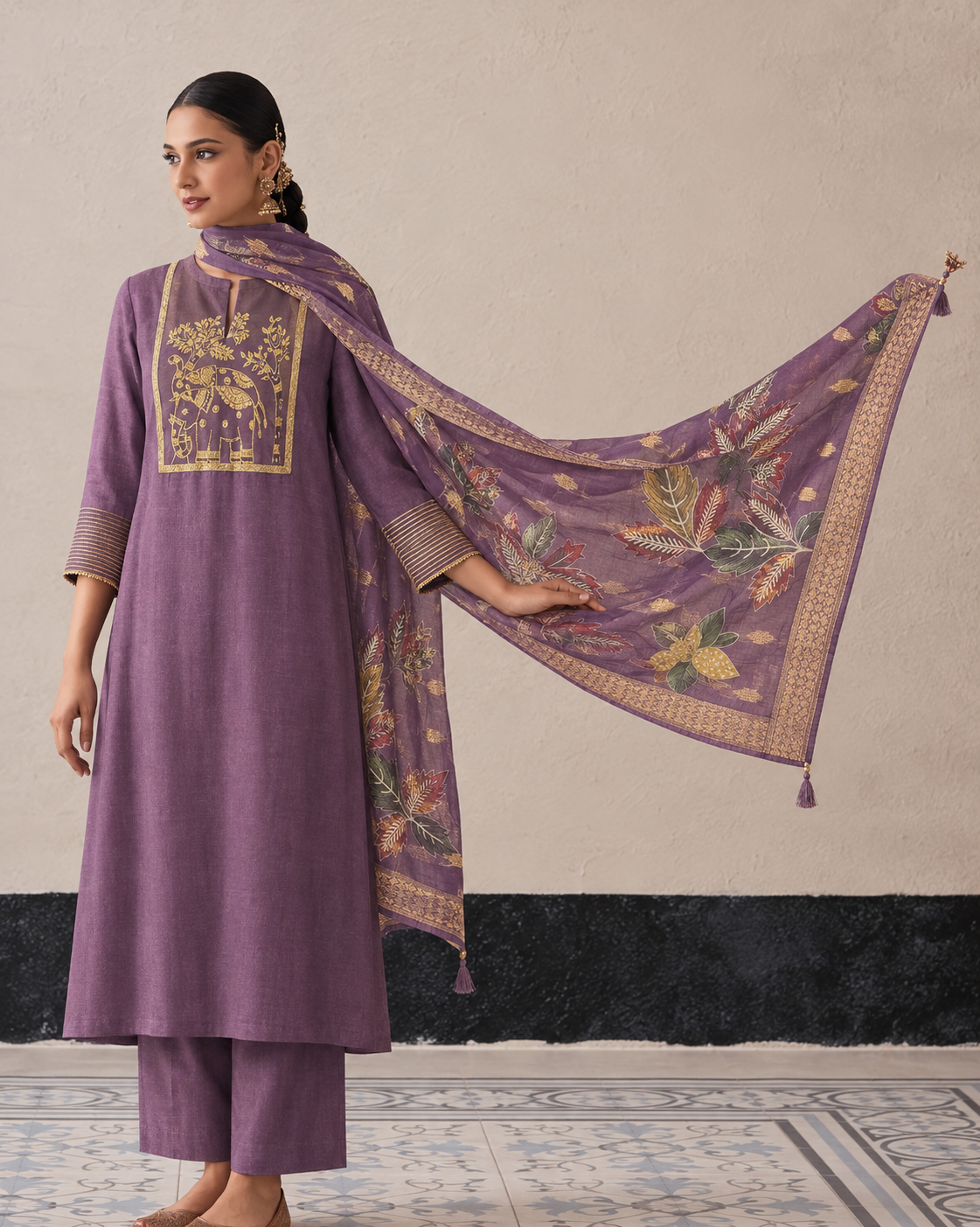 Mauve Purple Elephant Motif Kurta Set.