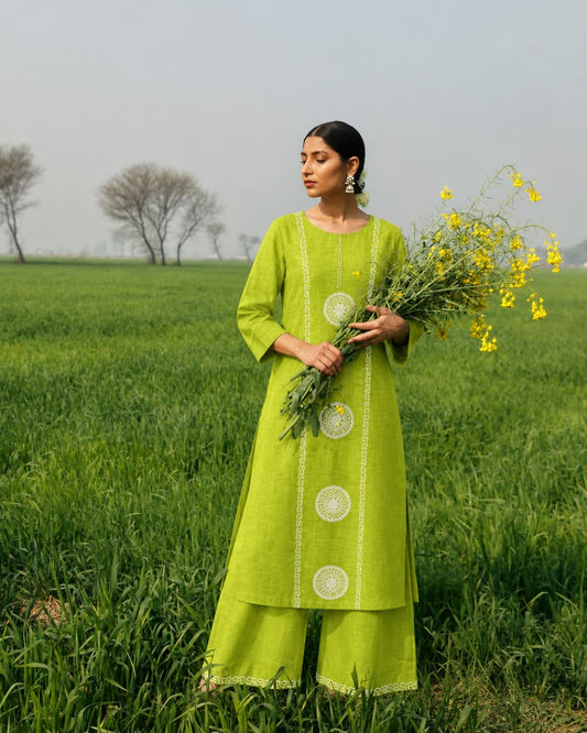 Lush Lime Embroidered Cotton-Linen Kurta & Palazzo Set