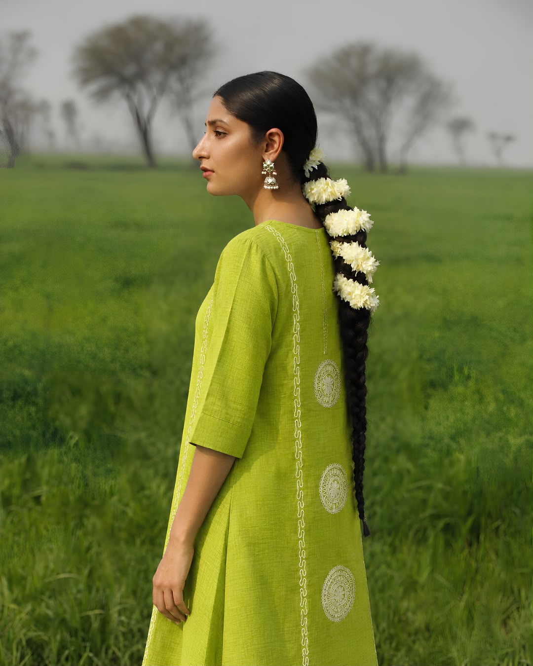 Lush Lime Embroidered Cotton-Linen Kurta & Palazzo Set